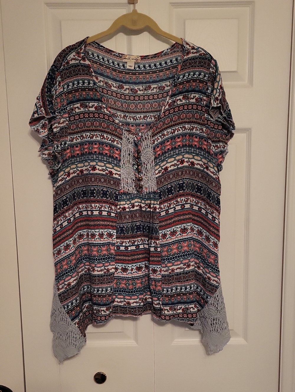 Boho Stripe Lace-Trim Short Sleeve Top